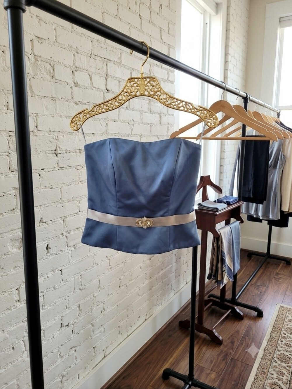 Alfred Angelo Blue Satin Strapless Top with Blue-Striped Maxi Skirt